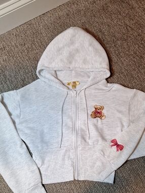 Light Gray Cropped Hooded Zip Sweatshirt with Teddy & Bow Embroidery